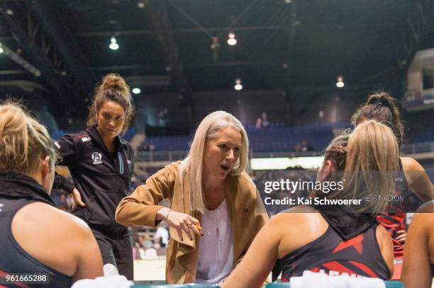 Head Coach Marianne Delaney-Hoshek of the Tactix speaks to her players during the round three ANZ Premiership match between the Mainland Tactix and...