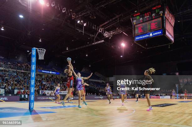 General view of Horncastle Arena as Ellie Bird of the Tactix is challenged by Olivia Coughlan of the Northern Stars during the round three ANZ...