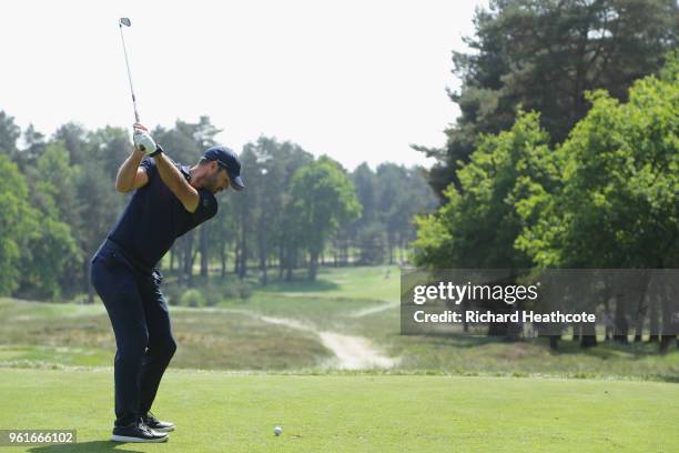 Jamie Redknapp tees off during the Pro Am for the BMW PGA Championship at Wentworth on May 23, 2018 in Virginia Water, England.