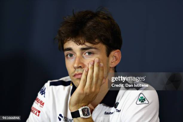 Charles Leclerc of Monaco and Sauber F1 in the Drivers Press Conference during previews ahead of the Monaco Formula One Grand Prix at Circuit de...