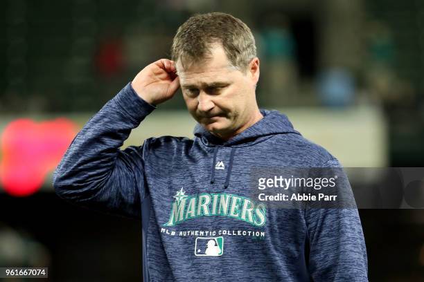 Manager Scott Servais of the Seattle Mariners reacts in the ninth inning against the Texas Rangers during their game at Safeco Field on May 15, 2018...