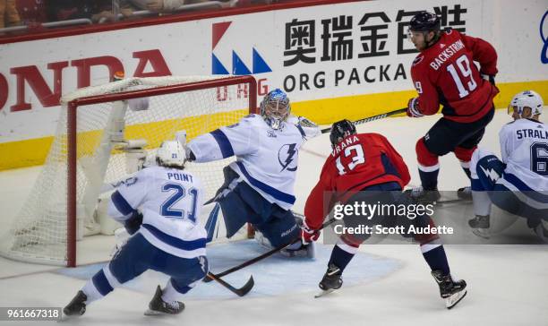 Goalie Andrei Vasilevskiy of the Tampa Bay Lightning tends net against the Washington Capitals during Game Six of the Eastern Conference Final during...