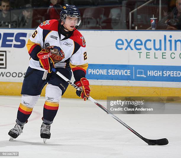 Derek Holden of the Erie Otters looks to make a pass in a game against the London Knights on January 22, 2010 at the John Labatt Centre in London,...