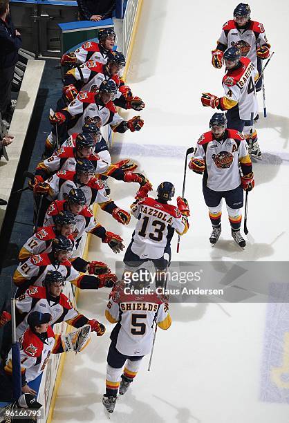 The Erie Otters bench celebrate a goal against the London Knights in a game on January 22, 2010 at the John Labatt Centre in London, Ontario. The...