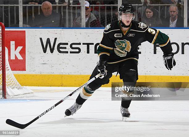 Reid McNeill of the London Knights skates in a game against the Erie Otters on January 22, 2010 at the John Labatt Centre in London, Ontario. The...