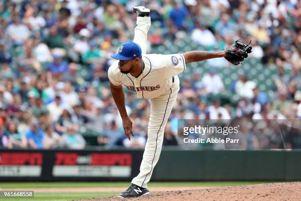 Juan Nicasio of the Seattle Mariners pitches in the ninth inning against the Detroit Tigers during their game at Safeco Field on May 20, 2018 in...