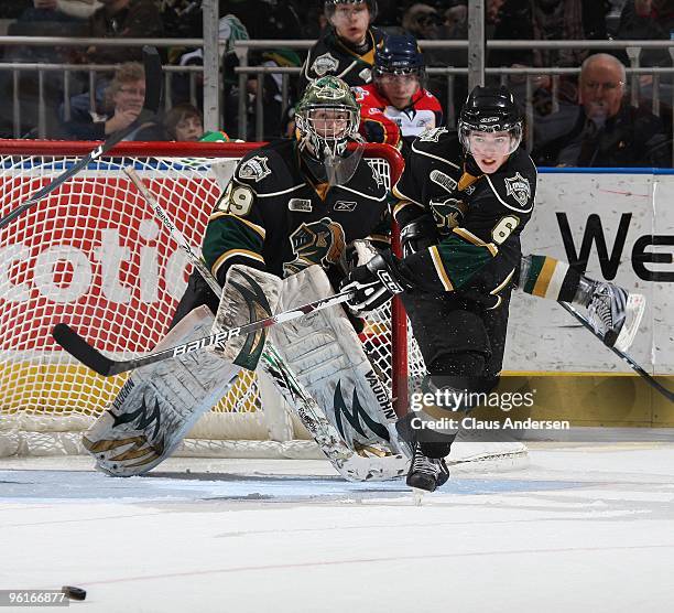 Scott Harrington of the London Knights fires the puck out of harms way in a game against the Erie Otters on January 22, 2010 at the John Labatt...