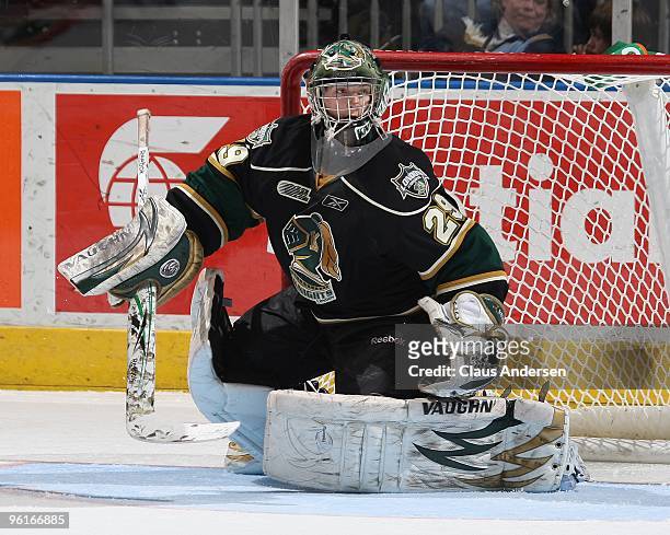 Michael Houser of the London Knights moves to get in place for a shot in a game against the Erie Otters on January 22, 2010 at the John Labatt Centre...