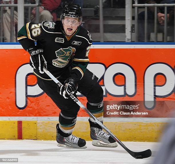 Colin Martin of the London Knights heads up ice with the puck in a game against the Erie Otters on January 22, 2010 at the John Labatt Centre in...