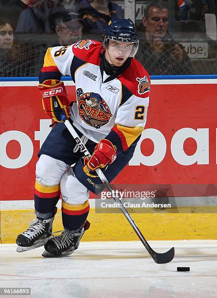 Derek Holden of the Erie Otters skates with the puck in a game against the London Knights on January 22, 2010 at the John Labatt Centre in London,...