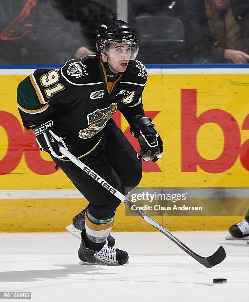 Nazem Kadri of the London Knights skates with the puck in a game against the Erie Otters on January 22, 2010 at the John Labatt Centre in London,...