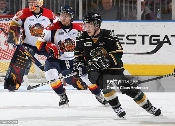 Tyler Brown of the London Knights skates in a game against the Erie Otters on January 22, 2010 at the John Labatt Centre in London, Ontario. The...