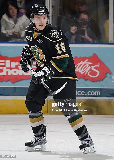 Tyler Brown of the London Knights skates in a game against the Erie Otters on January 22, 2010 at the John Labatt Centre in London, Ontario. The...