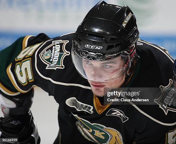 Leigh Salters of the London Knights waits for a faceoff in a game against the Erie Otters on January 22, 2010 at the John Labatt Centre in London,...