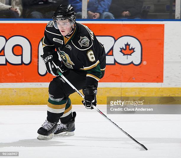 Scott Harrington of the London Knights skates in a game against the Erie Otters on January 22, 2010 at the John Labatt Centre in London, Ontario. The...