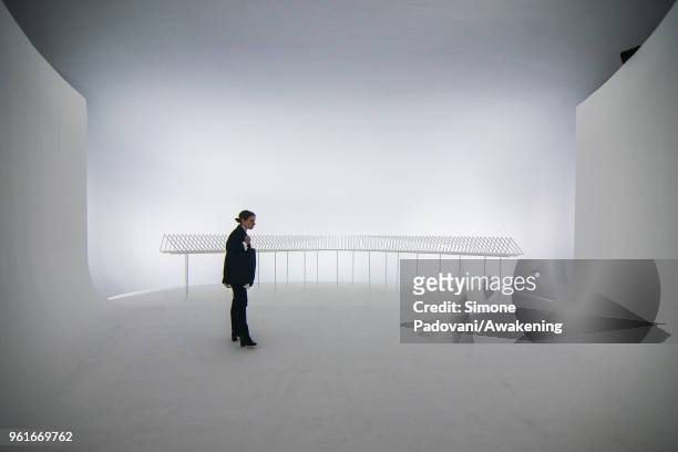 Visitor looks at the Dorte Mandrup A/S installation in the Corderie of Arsenale at the 16th International Architecture Biennale on May 23, 2018 in...