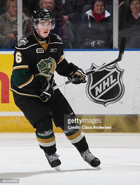 Scott Harrington of the London Knights skates in a game against the Erie Otters on January 22, 2010 at the John Labatt Centre in London, Ontario. The...