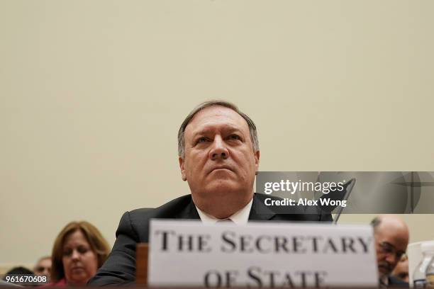 Secretary of State Mike Pompeo testifies during a hearing before the House Foreign Affairs Committee May 23, 2018 on Capitol Hill in Washington, DC....