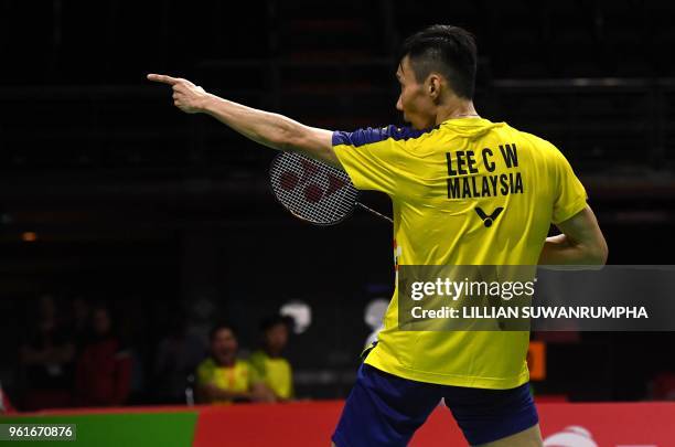 Lee Chong Wei of Malaysia reacts after winning against Viktor Axelsen of Denmark during their men's singles match at the Thomas and Uber Cup in...