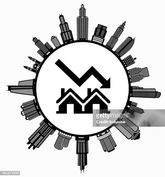 immobilien markt rückgang auf modernen stadtbild skyline hintergrund - stock market stock-grafiken, -clipart, -cartoons und -symbole