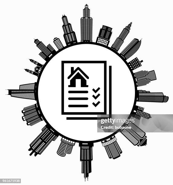 real estate listing on modern cityscape skyline background - real estate listing stock illustrations