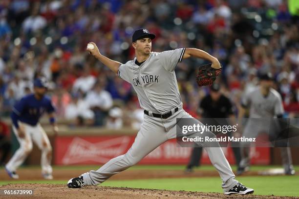 Cole of the New York Yankees throws against the Texas Rangers in the fourth inning at Globe Life Park in Arlington on May 22, 2018 in Arlington,...