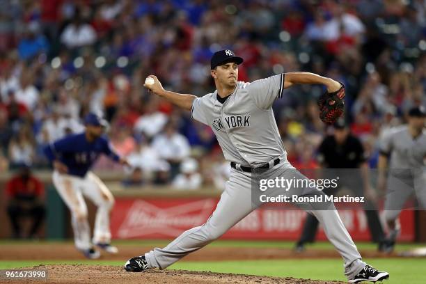 Cole of the New York Yankees throws against the Texas Rangers in the fourth inning at Globe Life Park in Arlington on May 22, 2018 in Arlington,...