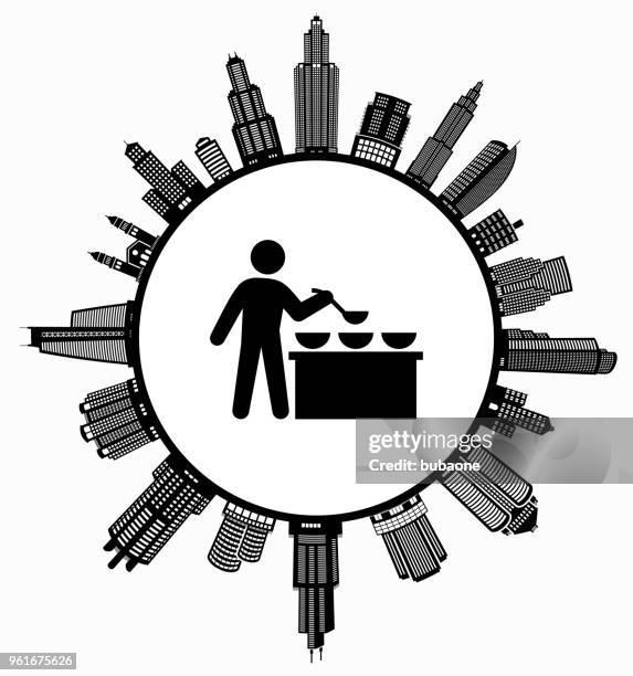buffet and soup kitchen on modern cityscape skyline background - black chef home stock illustrations