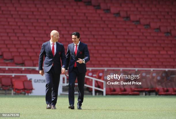 Arsenal Head Coach Unai Emery is shown around the stadium by Arsenal CEO Ivan Gazidis at Emirates Stadium on May 23, 2018 in London, England.