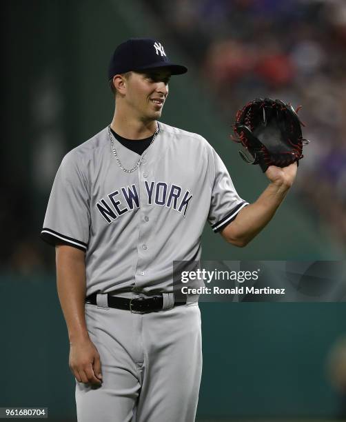 Cole of the New York Yankees throws against the Texas Rangers in the fourth inning at Globe Life Park in Arlington on May 22, 2018 in Arlington,...