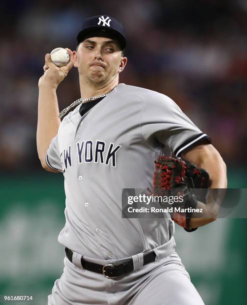 Cole of the New York Yankees throws against the Texas Rangers in the fourth inning at Globe Life Park in Arlington on May 22, 2018 in Arlington,...