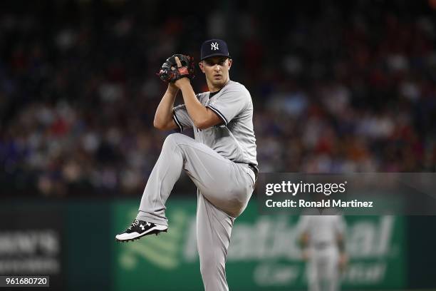 Cole of the New York Yankees throws against the Texas Rangers in the fourth inning at Globe Life Park in Arlington on May 22, 2018 in Arlington,...