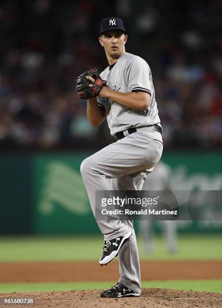 Cole of the New York Yankees throws against the Texas Rangers in the fourth inning at Globe Life Park in Arlington on May 22, 2018 in Arlington,...