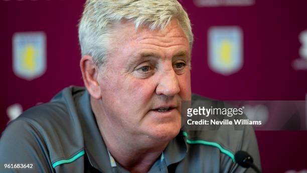Steve Bruce manager of Aston Villa talks to the press during a press conference at the club's training ground at Recon Training Complex on May 23,...