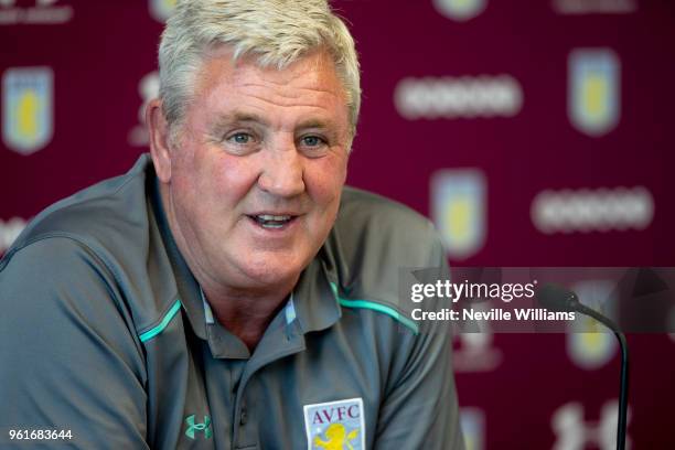 Steve Bruce manager of Aston Villa talks to the press during a press conference at the club's training ground at Recon Training Complex on May 23,...