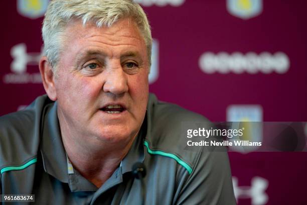 Steve Bruce manager of Aston Villa talks to the press during a press conference at the club's training ground at Recon Training Complex on May 23,...