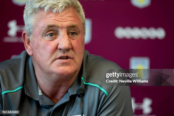 Steve Bruce manager of Aston Villa talks to the press during a press conference at the club's training ground at Recon Training Complex on May 23,...