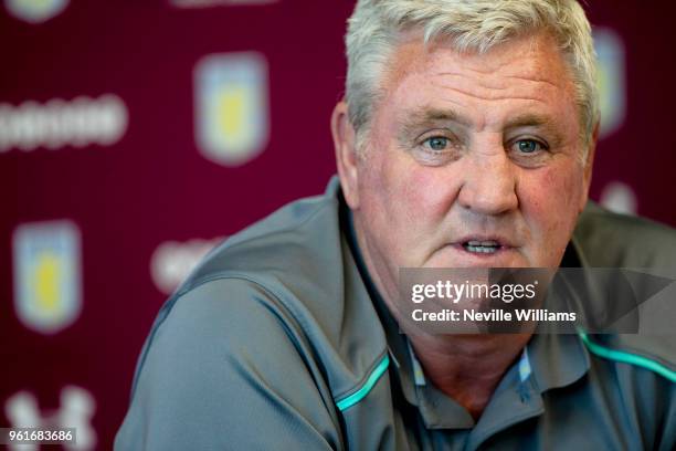 Steve Bruce manager of Aston Villa talks to the press during a press conference at the club's training ground at Recon Training Complex on May 23,...