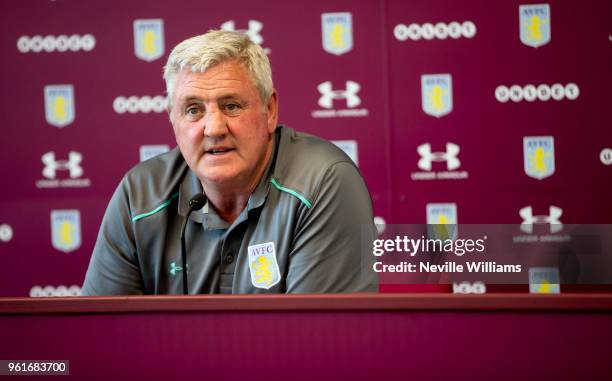 Steve Bruce manager of Aston Villa talks to the press during a press conference at the club's training ground at Recon Training Complex on May 23,...