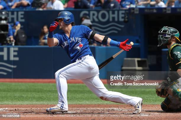 Josh Donaldson of the Toronto Blue Jays bats in the third inning during MLB game action against the Oakland Athletics at Rogers Centre on May 20,...