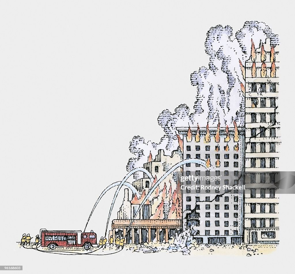 Illustration of firefighters fighting fire on city block