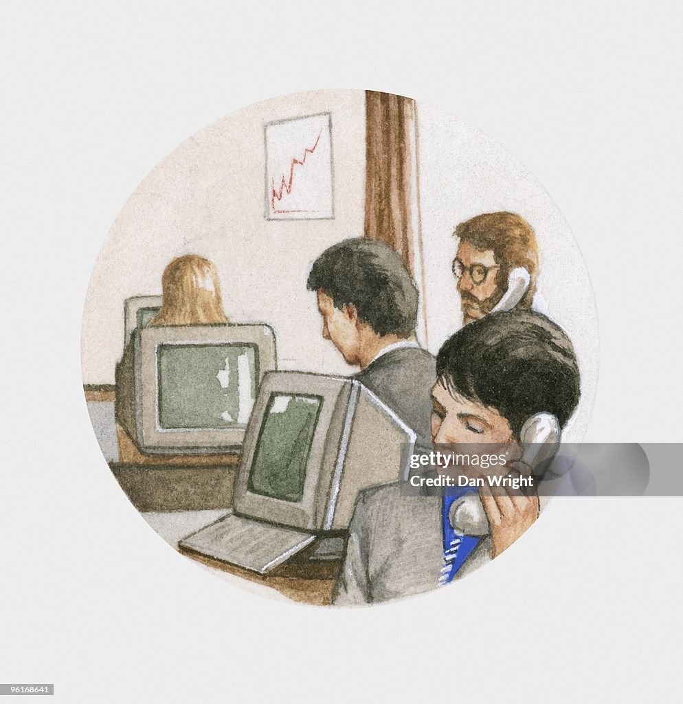 Illustration of people at work in office on desktop computers and talking on telephones