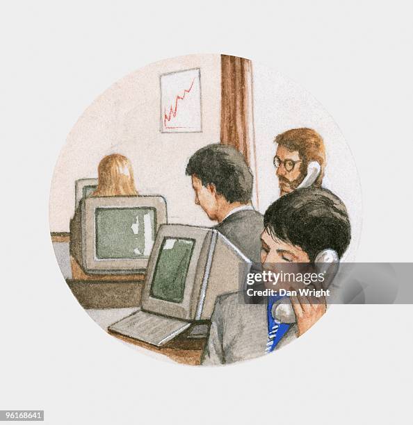 illustration of people at work in office on desktop computers and talking on telephones - dan wright stock illustrations