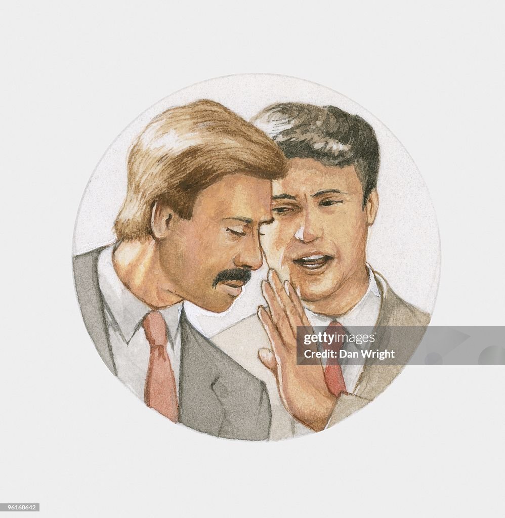 Illustration of man whispering to another man