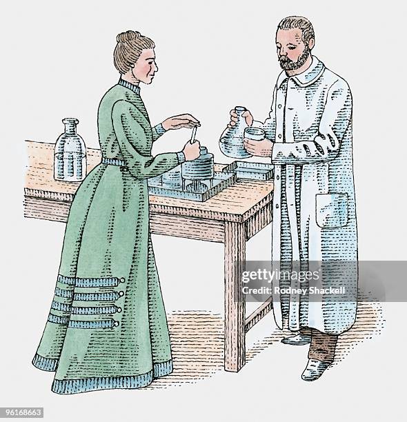 illustration of marie and pierre curie standing at workbench in laboratory - marie curie stock illustrations