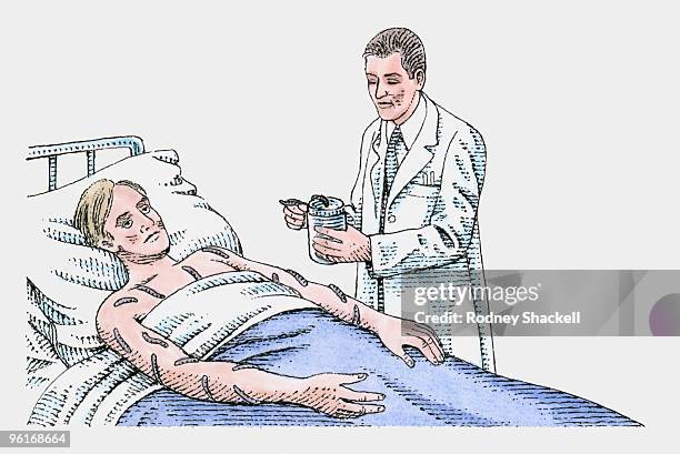 Illustration Of Doctor Leeching Patient Lying In Hospital Bed, Stockfoto