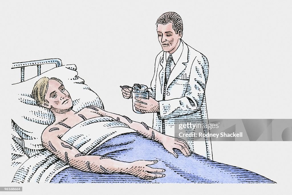 Illustration of doctor leeching patient lying in hospital bed
