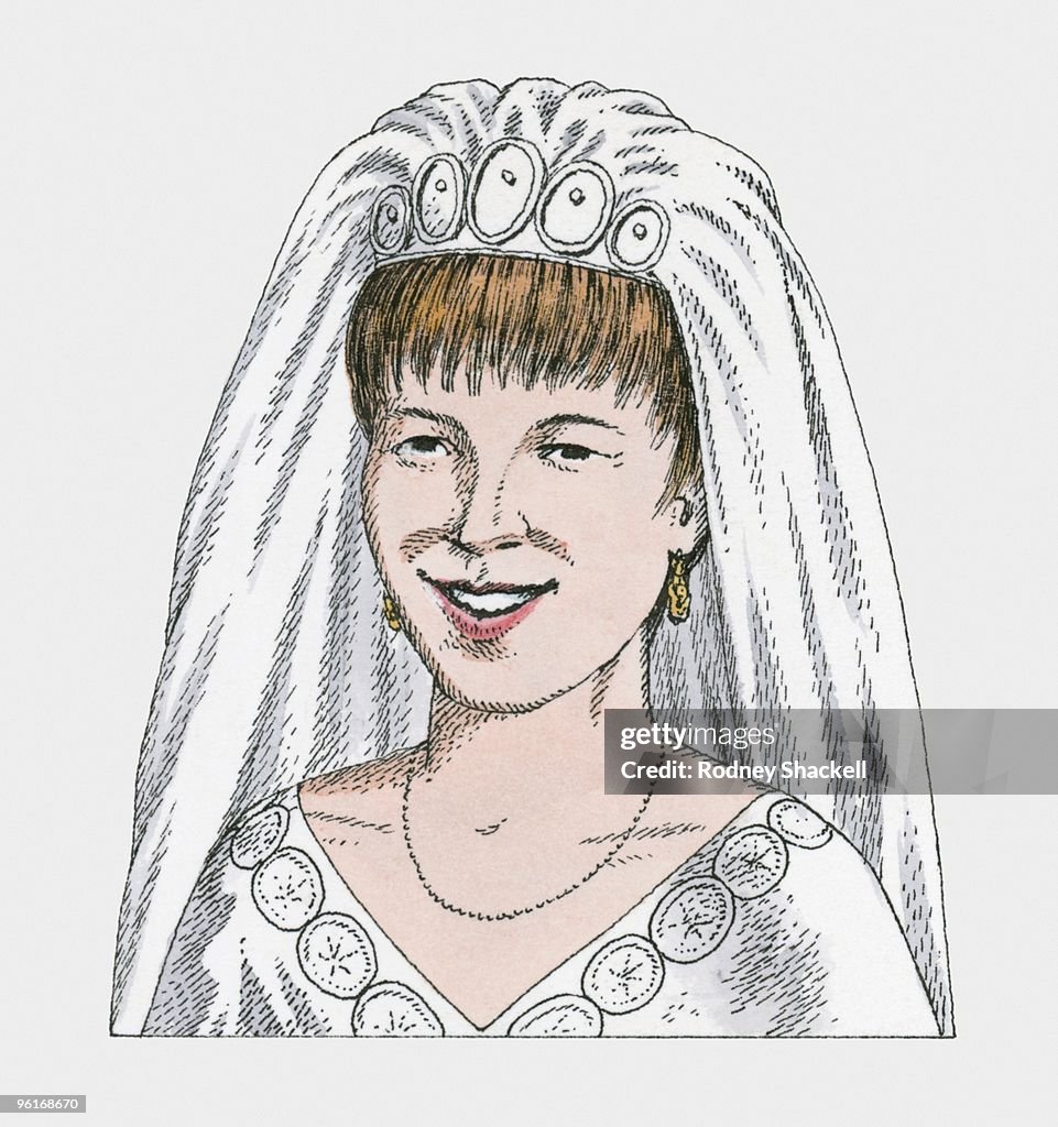 Illustration of English bride wearing traditional white wedding dress and veil
