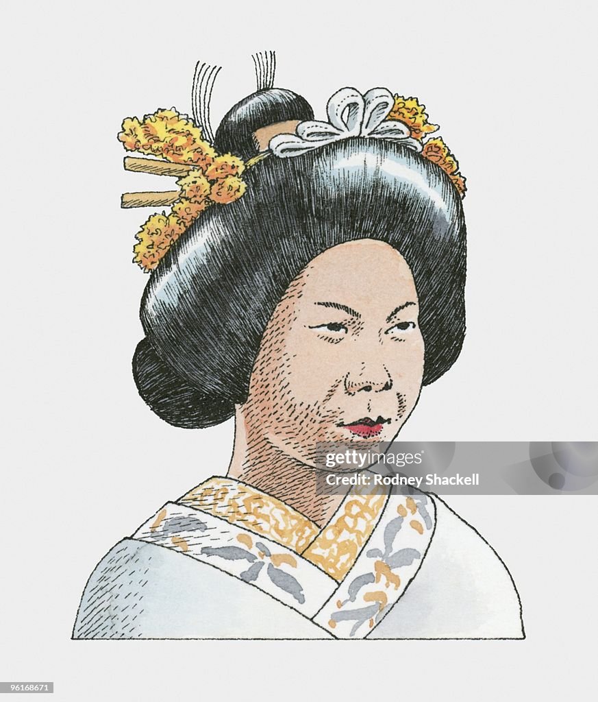 Illustration of Japanese bride wearing traditional kimono
