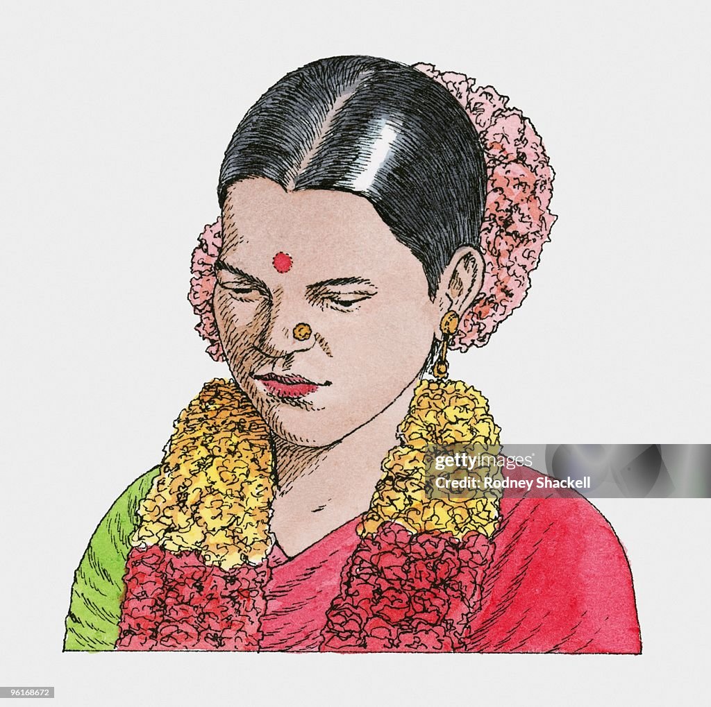 Illustration of Hindu bride wearing traditional wedding clothing with red bindu on forehead